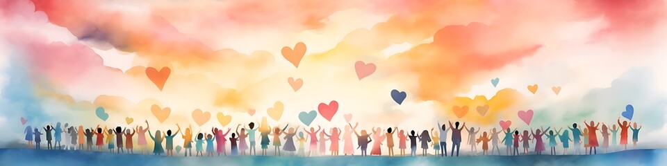 World Children´s Day, multicultural children raise their arms and hands to hand painted hearts in the sky.  - obrazy, fototapety, plakaty