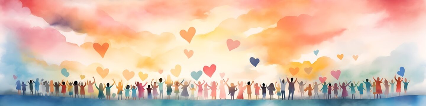 World Children´s Day, multicultural children raise their arms and hands to hand painted hearts in the sky. 