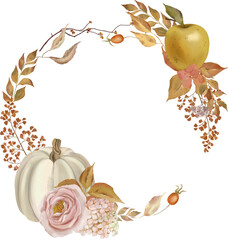 Watercolor autumn composition. Autumn wreath, bouquet, frame for invitations, cards, thanksgiving and other