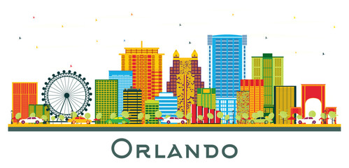 Orlando Florida City Skyline with Color Buildings Isolated on White.