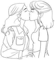Lesbian couple cartoon kissing outline doodle
