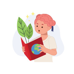 Eco-friendly education concept. young little kid girl reading book about nature and Earth. green leaves came out from book.