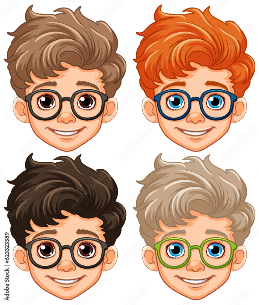 Sticker boy cartoon head wearing glasses isolated