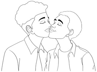 Gay couple cartoon kissing outline doodle