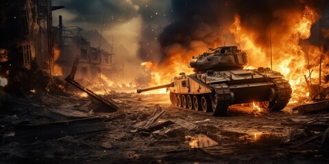 Armored tanks crossing minefields during war invasion Epic scene of fire and parts in the destroyed city as a flag