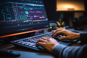 close-up of the hands of a user typing on a computer keyboard, with the ChatGPT interface visible on the monitor in the blurred background