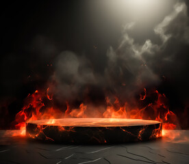 Table top stone or stand product display with fire flames in dark abstract background.generative ai images