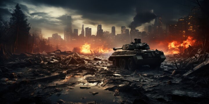 Armored tanks crossing minefields during war invasion Epic scene of fire and parts in the destroyed city as a flag