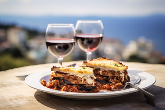  two plates of delicious Moussaka, a classic Greek layered eggplant and meat dish, paired with two glasses of full-bodied Greek Agiorgitiko red wine