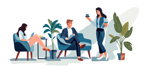 Colleagues in the office, employees relax, communicate. Corporate worker, business people communicate in open space.Open space coworking area, vector illustration