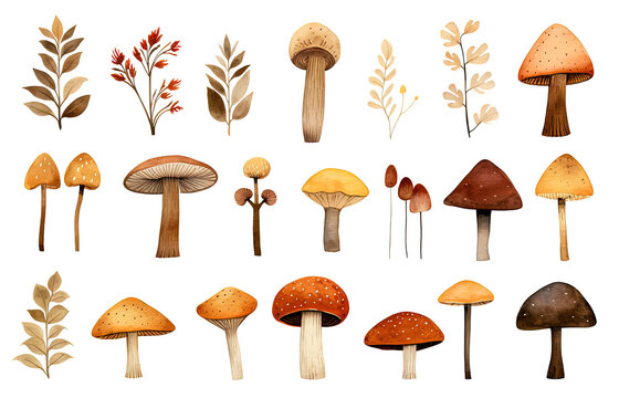 watercolor sytle illustration cute autumn foliage mushroom and twig without background, Generative Ai