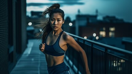 早朝・夕暮れ・夜の街をランニング・ジョギング・有酸素運動する女性