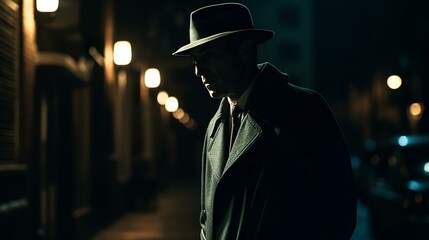 探偵・スパイ・マフィア・刑事・暗い路地裏の道を歩くハットを被ったビジネスマン
 - obrazy, fototapety, plakaty