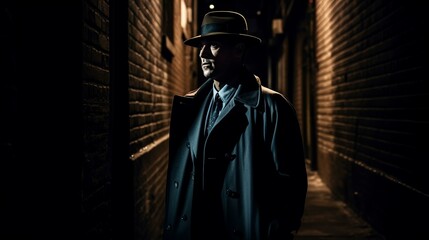 探偵・スパイ・マフィア・刑事・暗い路地裏の道を歩くハットを被ったビジネスマン
 - obrazy, fototapety, plakaty