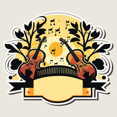 Invitation to a concert of garden classical music. Musical instruments, cello or violin. Cartoon vector illustration. label, sticker 
