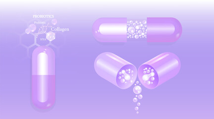 Probiotic and Hyaluronic acid skin solutions ad, purple collagen and vitamin capsule, and vitamin serum drop with cosmetic advertising background ready to use illustration vector.