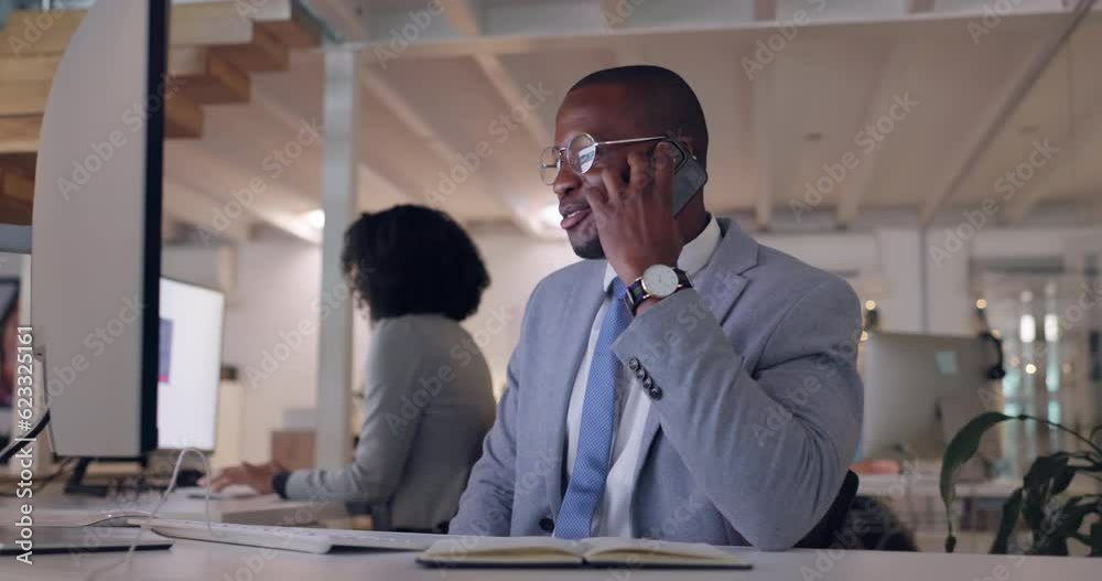Aufkleber Computer, phone call and business with black man talking in office for communication or chat. Tech, contact and african male employee with a smartphone for networking or marketing with a smile