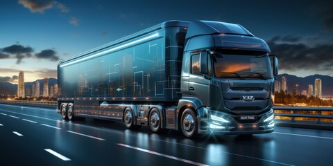 Naklejka na ściany i meble Electric van or futuristic truck on the highway for logistics concept and futuristic energy solution as a wide banner or truck mockup with copy space.