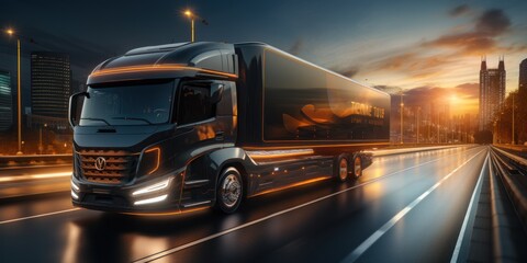 Electric van or futuristic truck on the highway for logistics concept and futuristic energy solution as a wide banner or truck mockup with copy space.