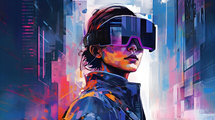 VR technology digital cyber world technology, virtual reality glasses surrounded with futuristic AR interface 3d hologram, metaverse and VR apple vision pro concept, Generative AI illustration	
