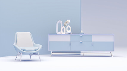 Creative interior design in pastel blue studio with sideboard, lamp, plant pot and armchair. Pastel purple color background. 3D rendering for web page, presentation or picture frame	