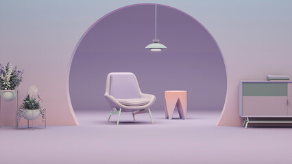 Creative interior design in purple pink studio with lamp, plant pot and armchair. Pastel purple color background. 3D rendering for web page, presentation or picture frame	