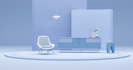 Creative interior design in pastel blue studio with sideboard, lamp, plant pot and armchair. Pastel purple color background. 3D rendering for web page, presentation or picture frame	
