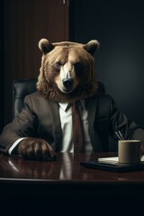 Bear in the Boardroom, Powerful Wildlife Meets Business, Grizzly Bear in Suit, Leadership Symbol in the Wilderness, generative ai