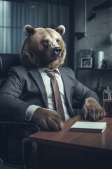 Bear in the Boardroom, Powerful Wildlife Meets Business, Grizzly Bear in Suit, Leadership Symbol in the Wilderness, generative ai