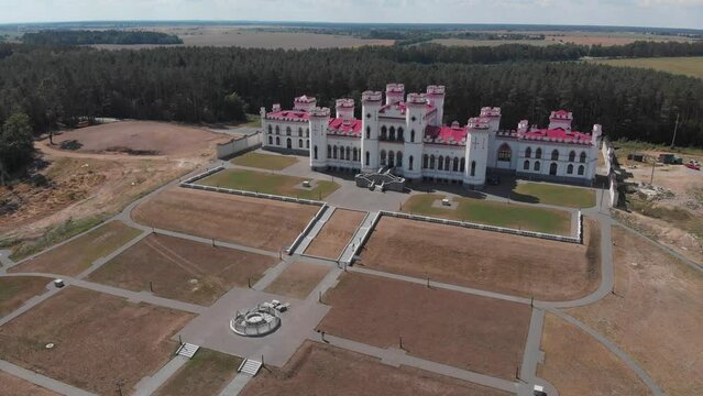 History and architecture concept. Top view of Palace of the Puslovskys in Kossovo. Belarus