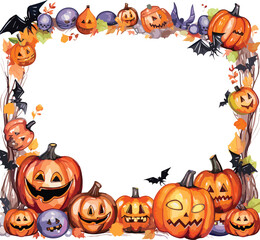 Happy Halloween holiday party Frame set with Jack O' Lantern pumpkins, bat, spider, Halloween Town, skull, candy sweets party decorations. Watercolor Cartoon illustration isolated.GenerativeAI.