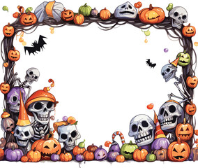 Fototapeta premium Happy Halloween holiday party Frame set with Jack O' Lantern pumpkins, bat, spider, Halloween Town, skull, candy sweets party decorations. Watercolor Cartoon illustration isolated.GenerativeAI.