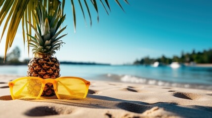 Sandy beach with blurred palm trees and tropical sea background. Summer vacation and travel concept copy space