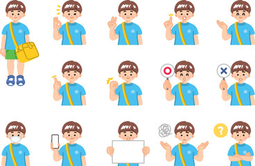 通園バッグを肩に掛けた男子園児　表情とジェスチャーのイラスト素材セット