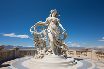 Holy goddess of love antique monumental statue, a beautiful woman, white marble, cinematic, blue sky background. AI Generative - obrazy, fototapety, plakaty