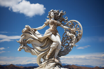 Fototapeta premium Holy goddess of love antique monumental statue, a beautiful woman, white marble, cinematic, blue sky background. AI Generative