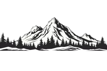 Foto op Plexiglas Black and white mountain range wall art, symbolic landscapes trees stencil art outdoor scenes vector illustration © SachiDesigns