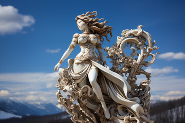 Fototapeta na wymiar Holy goddess of love antique monumental statue, a beautiful woman, white marble, cinematic, blue sky background. AI Generative