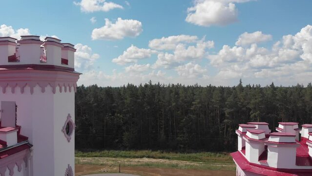 History and architecture concept. Top view of Palace of the Puslovskys in Kossovo. Belarus