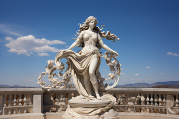 Fototapeta premium Holy goddess of love antique monumental statue, a beautiful woman, white marble, cinematic, blue sky background. AI Generative