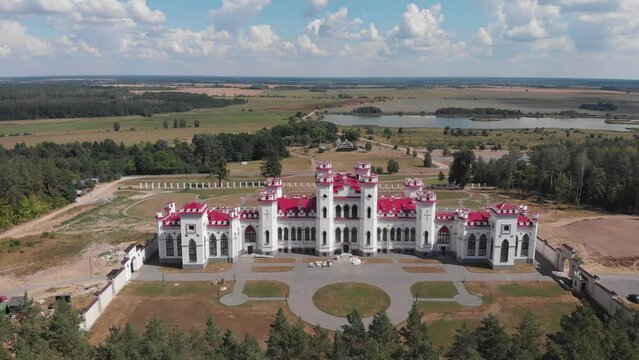 History and architecture concept. Top view of Palace of the Puslovskys in Kossovo. Belarus