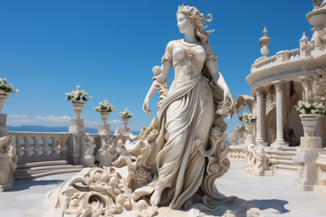 Fototapeta na wymiar Holy goddess of love antique monumental statue, a beautiful woman, white marble, cinematic, blue sky background. AI Generative