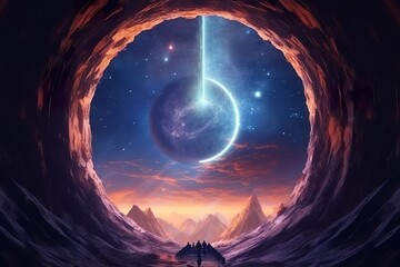 Portal to another world. Futuristic cosmic landscape with circle tunnel in starry sky. Gate in space futuristic background with galaxy and nebula. Created with Generative AI