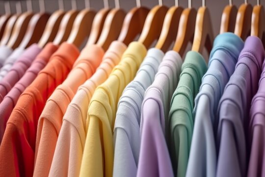 Colorful clothes on a clothing rack, pastel colorful closet in a shopping store or bedroom, rainbow color clothes choice on hangers, home wardrobe concept image. AI Generative