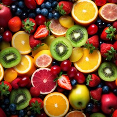 Variety of colorful fruits which consists of kiwi fruit, orange, strawberry, apple, blueberry, cranberry, rasberry, and blackberry made with  Generative AI.