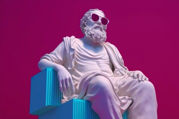 A white statue of Plato in a cool pose, wearing magenta and cyan 3D glasses, ready to party. AI Generative - obrazy, fototapety, plakaty