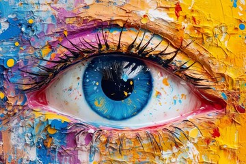 “Fluorite” oil painting. Conceptual abstract picture of the eye. Oil painting in colorful colors. Conceptual abstract closeup of an oil painting and palette knife on canvas. AI Generative