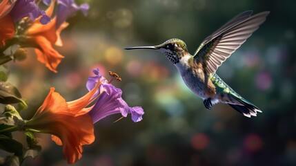 Hummingbird flying to pick up nectar from a beautiful flower. Digital artwork. AI Generative