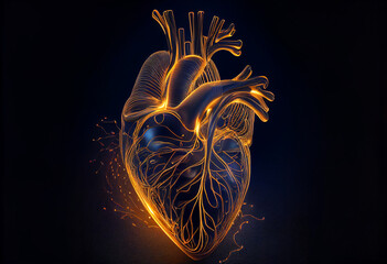 Glowing lines at human heart 3D shape on dark background generative ai