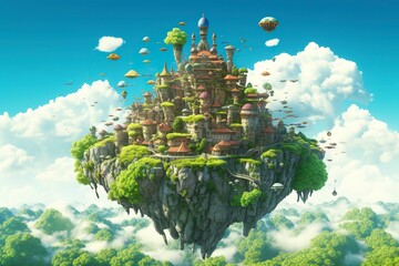 Fototapeta na wymiar Ancient Heavenly Floating island in the sky with a castle, vibrant, fantasypunk, AI Generative